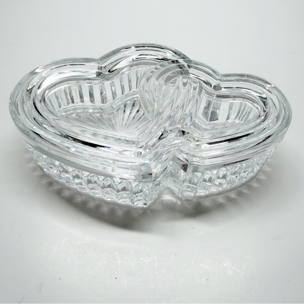 Vintage Teleflora Crystal Double Heart Trinket Candy Dish